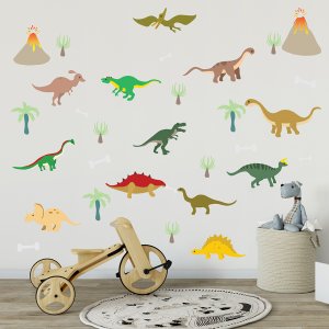 Dinosaurs and Landscape wall decal on nursery wall.