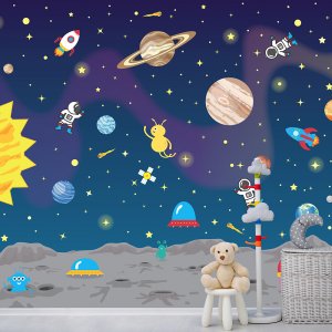 Outer Space wall mural displayed on wall.