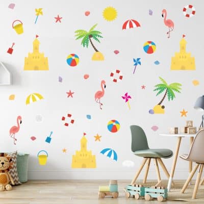 Fun beach pattern wall decals in play room.