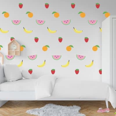 Fruit pattern wall decals in child's bedroom. 