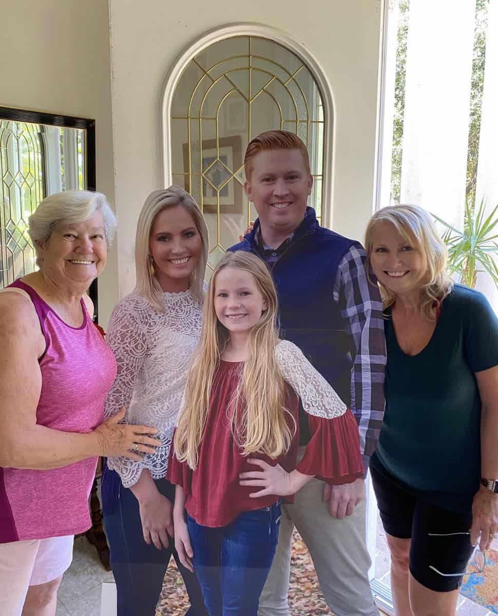 Mother and grandma celebrating Mother's Day with cardboard cutout of their family.