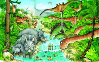 Cartoon dinosaur landscape.