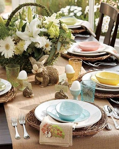Rustic Easter centerpiece on dining table.