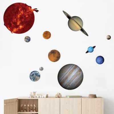 Kids room with solar system wall decal.
