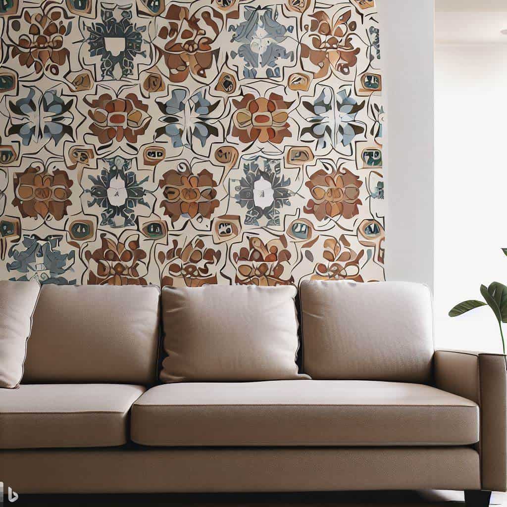 Display of wall tile decal decor in living room.