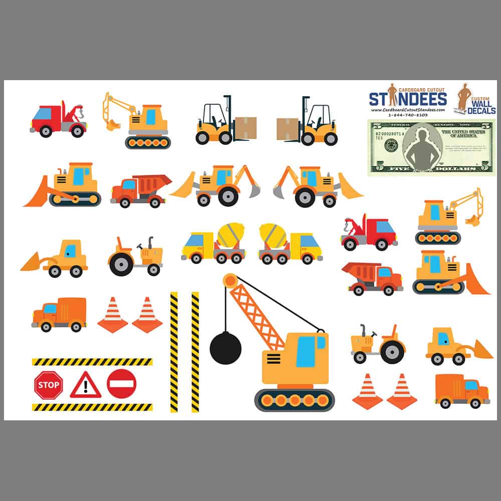 Construction Trucks wall decal print layout.