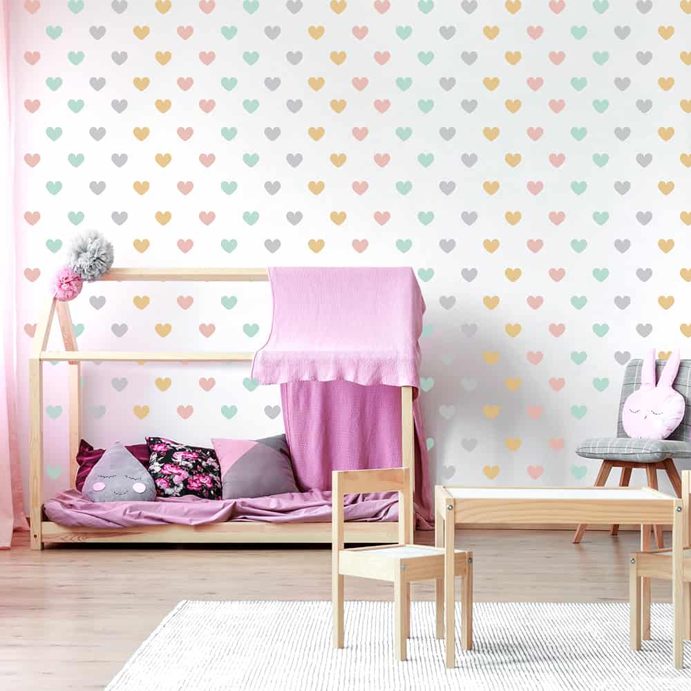 Hearts Hipster Pastel wall decal display on girl's bedroom wall.