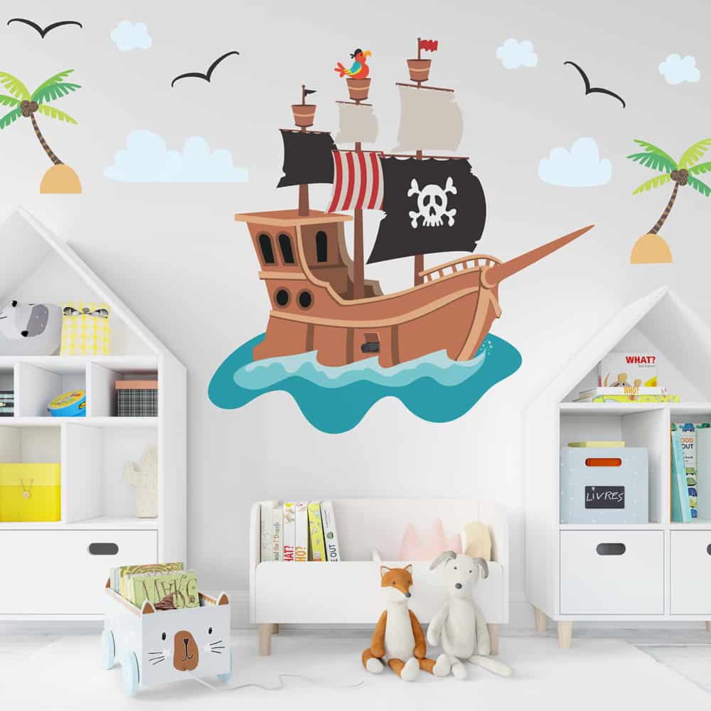 Pirate ship wall decal displayed on bedroom wall.