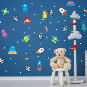 Alien Astronaut Party Pattern wall decal on bedroom wall.