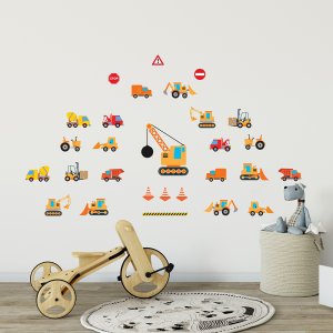 Construction Trucks wall decal displayed on wall.