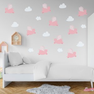 Flying Piggies wall decal displayed on wall.
