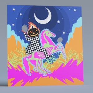 Headless Horseman Halloween standee features two face holes.