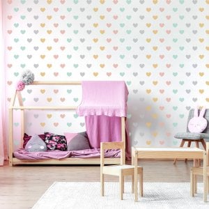 Hearts Hipster Pastel wall decal display on girl's bedroom wall.